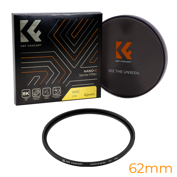KandF 62mm Nano-X Premium UV Filter Product Image with diameter label | KF01.986
