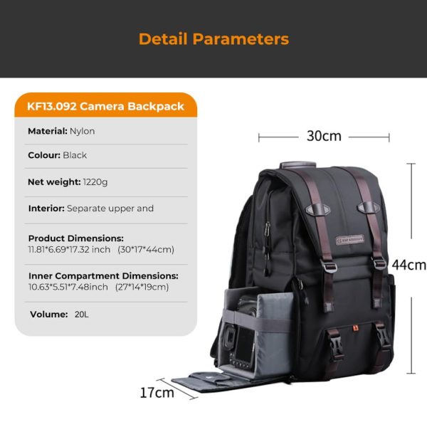 KandF Beta-Shooter Black Photographers Backpack Dimensions Image | KF13.092