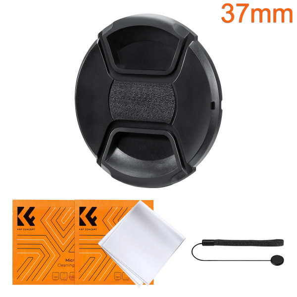 K&F 37mm Lens Cap Kit with two Lens Cloths and an Attachment Strap Product Image | SKU.2013