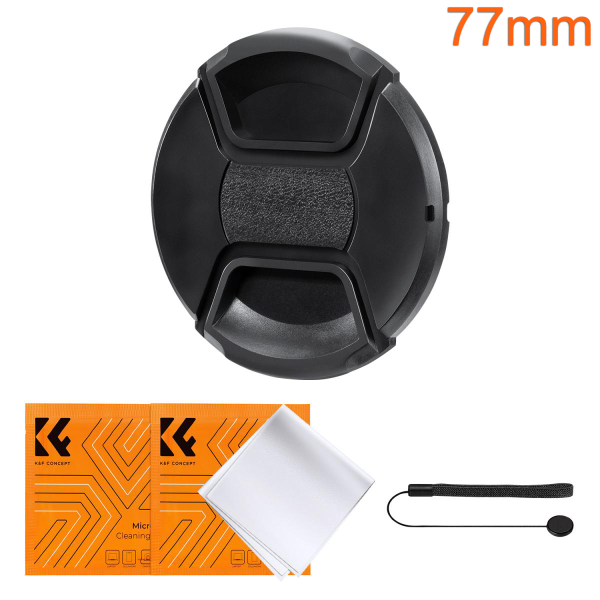 K&F 77mm Lens Cap Kit with two Lens Cloths and an Attachment Strap Product Image | SKU.2024