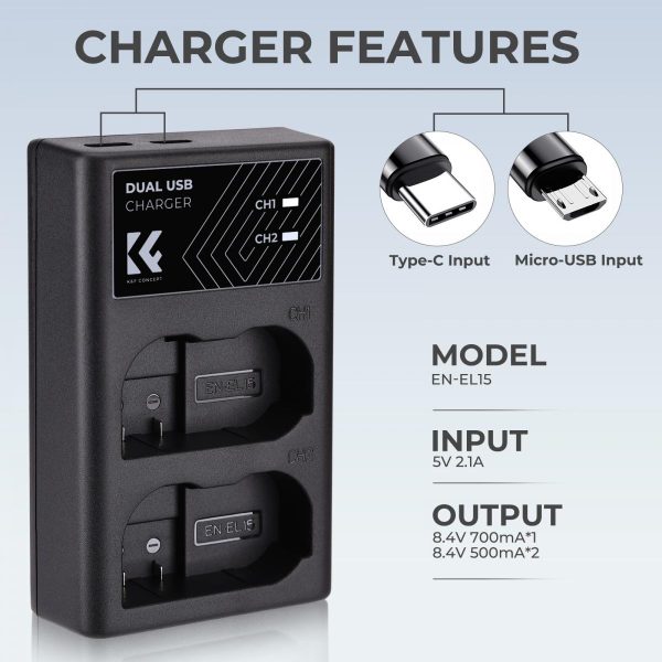 K&F USB Powered Dual Charger for Nikon EN-EL15 Batteries Features Image | KF28.0006