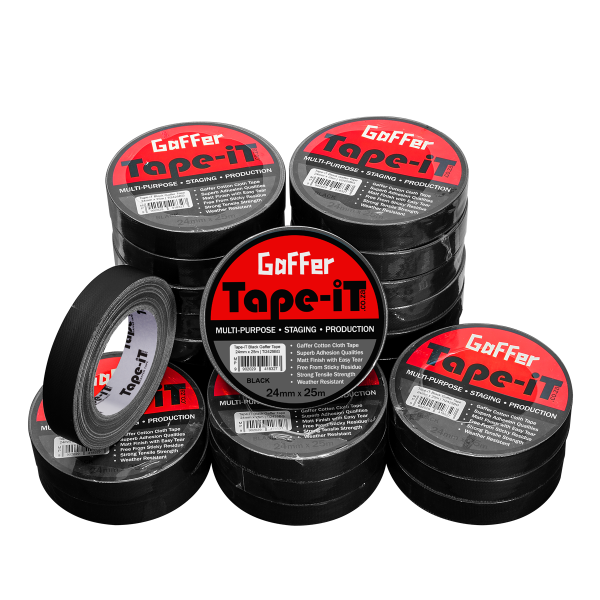 Carton Quantity (24) Rolls of Black Gaffer Tape by Tape-iT, 1inch/24mm wide and 25m Long in Packaging | Ti2425BG24