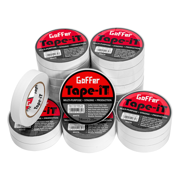Carton Quantity (24) Rolls of White Gaffer Tape by Tape-iT, 1inch/24mm wide and 25m Long in Packaging | Ti2425WG24